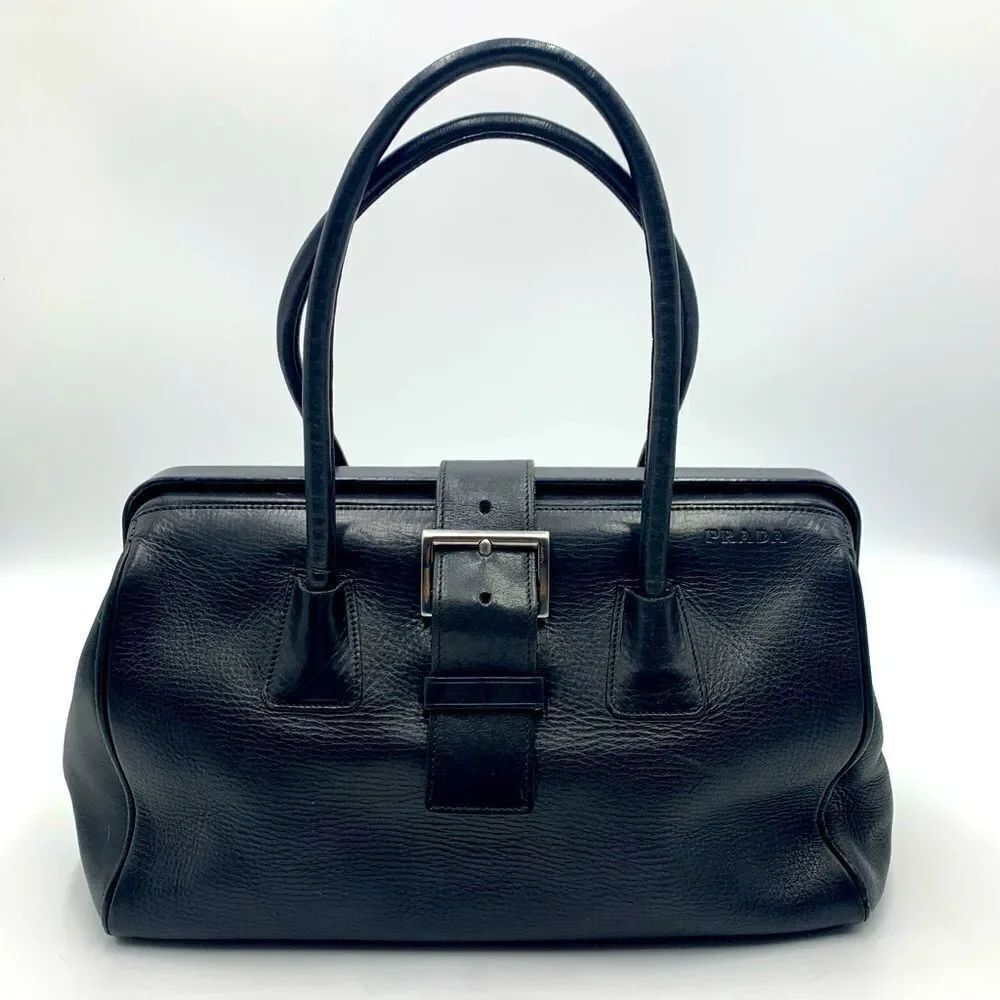 Auth PRADA Black Vitello Leather Speedy Boston Doctor Fibbia Bag Preloved